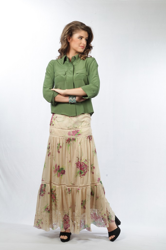 #5062 - Long Skirt in Printed Cotton Silk with Lining with Cut Work Machine Embroidery at Bottom & Lace at Joints - Shell 60% Silk 40% Cotton Lining 100% Cotton